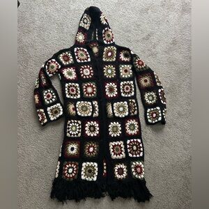 Granny Square Wool pixie hood fringe cardigan sweater Boho festival Multi color